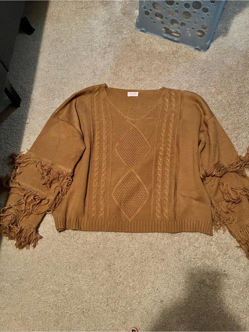 Pink Lily Rust Fringe Cable-Knit V-Neck Sweater